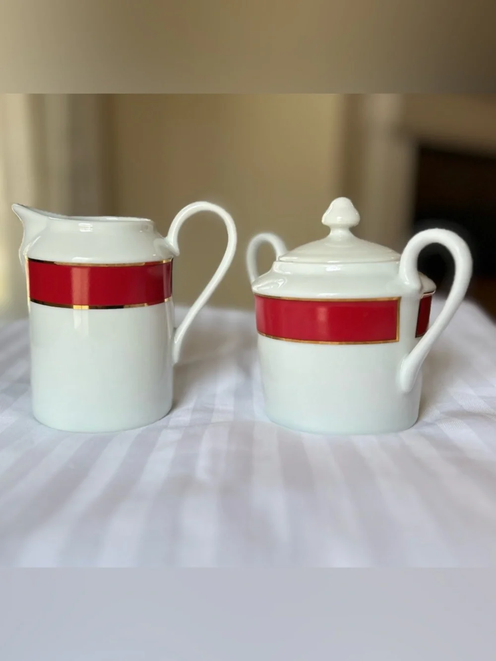 Vintage Red Band Creamer & Covered Sugar Bowl Set White Gold Trim